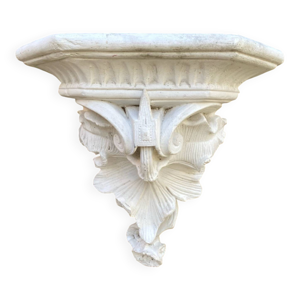 Console murale ancienne en plâtre blanc patiné