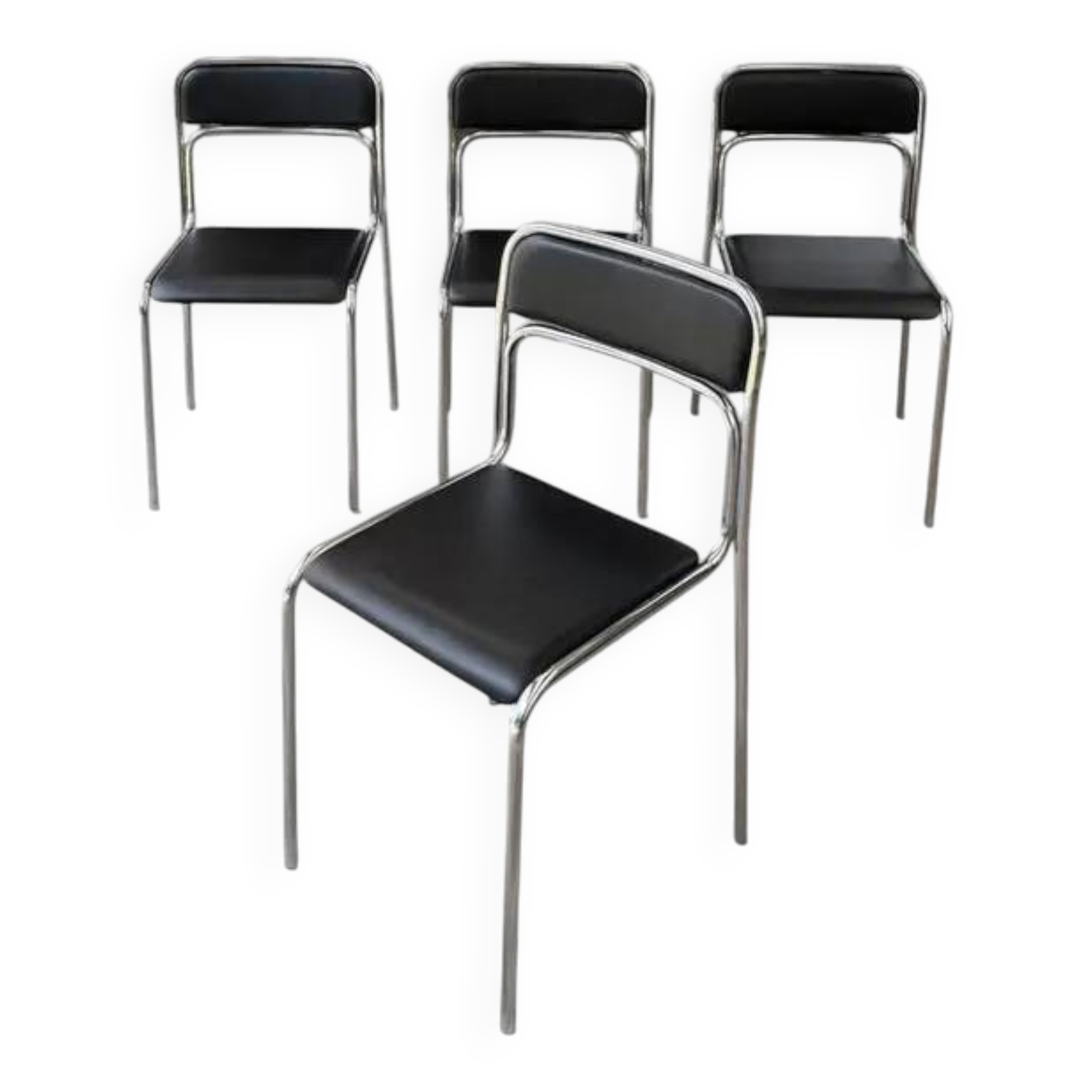 Bauhaus Style Chrome Tubular Steel Chairs, Black Faux Leather, Italian Modernist Dining