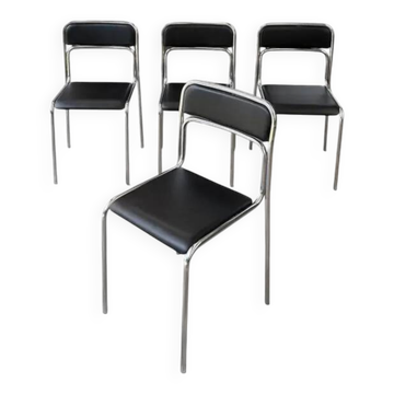Chaises en acier tubulaire chromé de style Bauhaus, simili cuir noir, salle à manger moderniste italienne