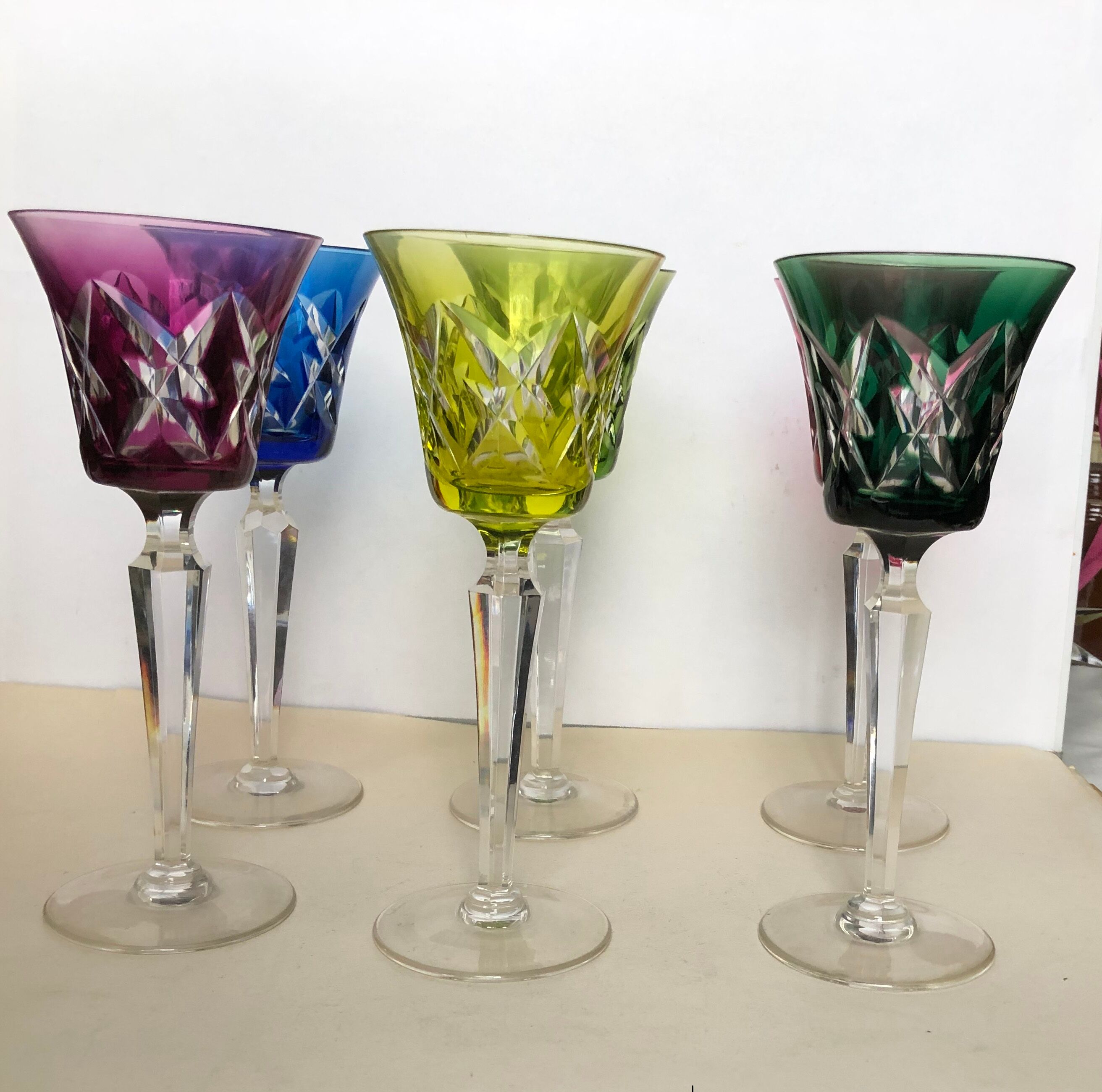 Set of six Val Saint Lambert crystal wine glasses