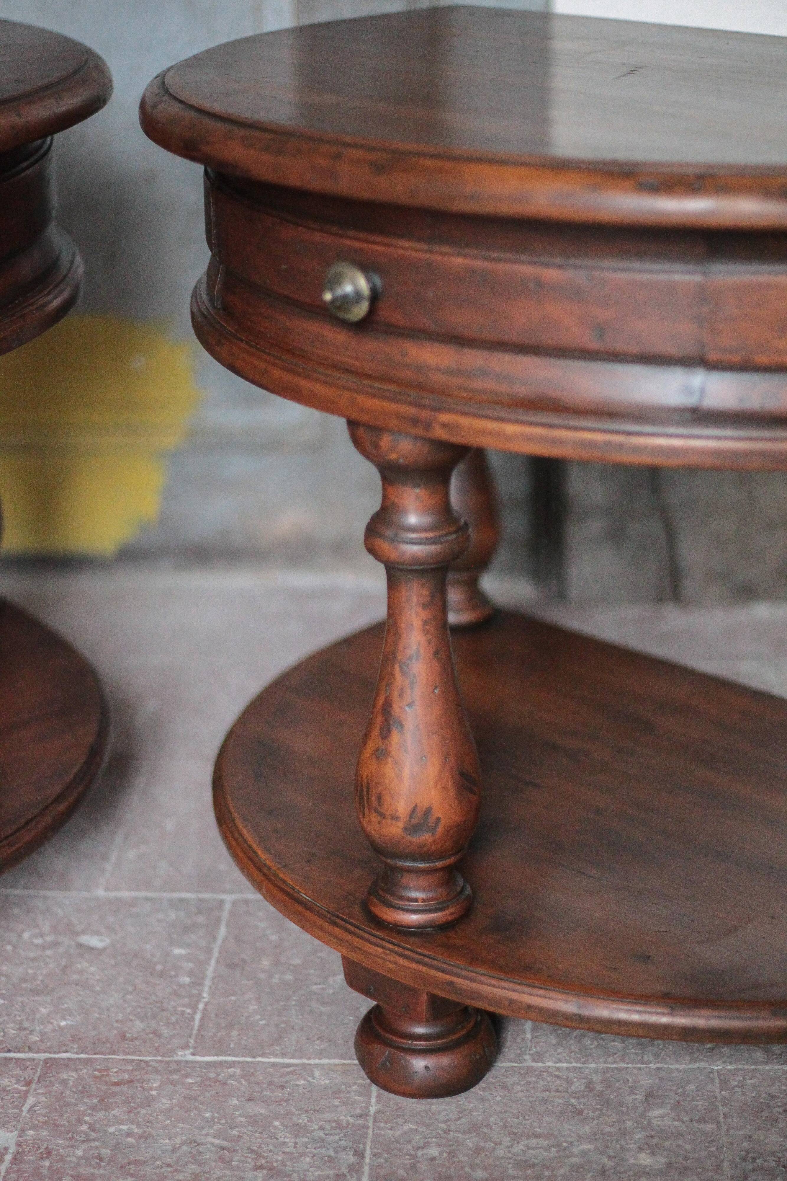 Pair of rounded wooden bedside tables, bedside table, end table.