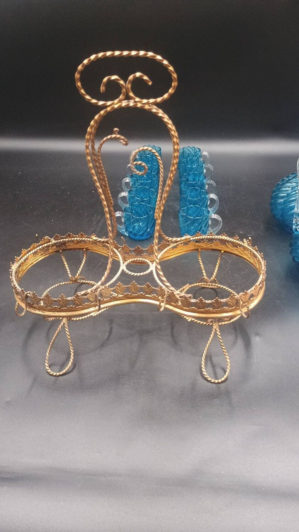Cabaret Portieux liqueur service with 10 blue and clear glasses.