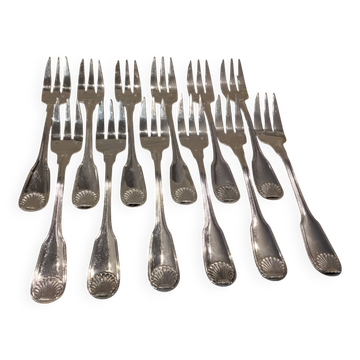 12 silver-plated metal cake forks by silversmith Cailar Bayard, shell design