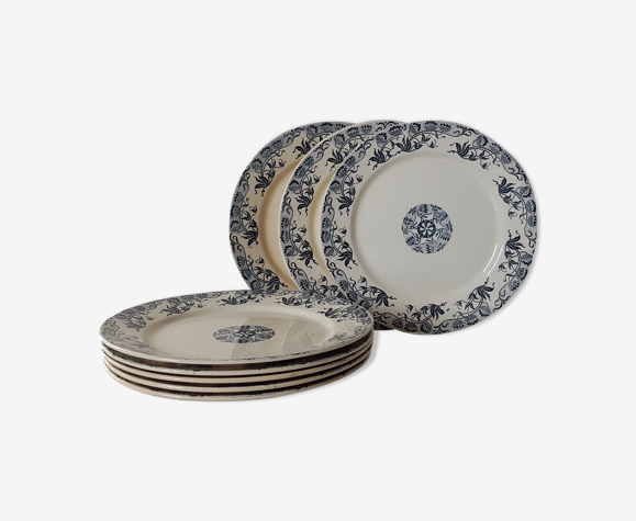 Ensemble de 8 assiettes plates anciennes bleues modèle Roxane Sarreguemines  U.et cie | Selency