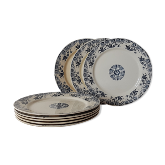 Ensemble de 8 assiettes plates anciennes bleues modèle Roxane Sarreguemines U.et cie