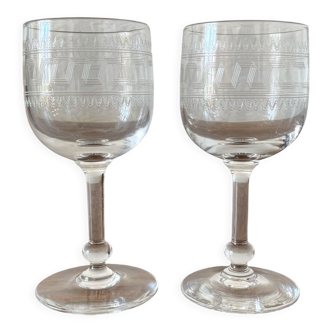 2 antique white wine glasses in crystal frieze engraved XIXth