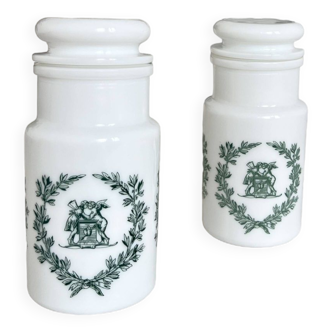 Set of 2 small vintage apothecary jars in white and green opaline romantic pattern