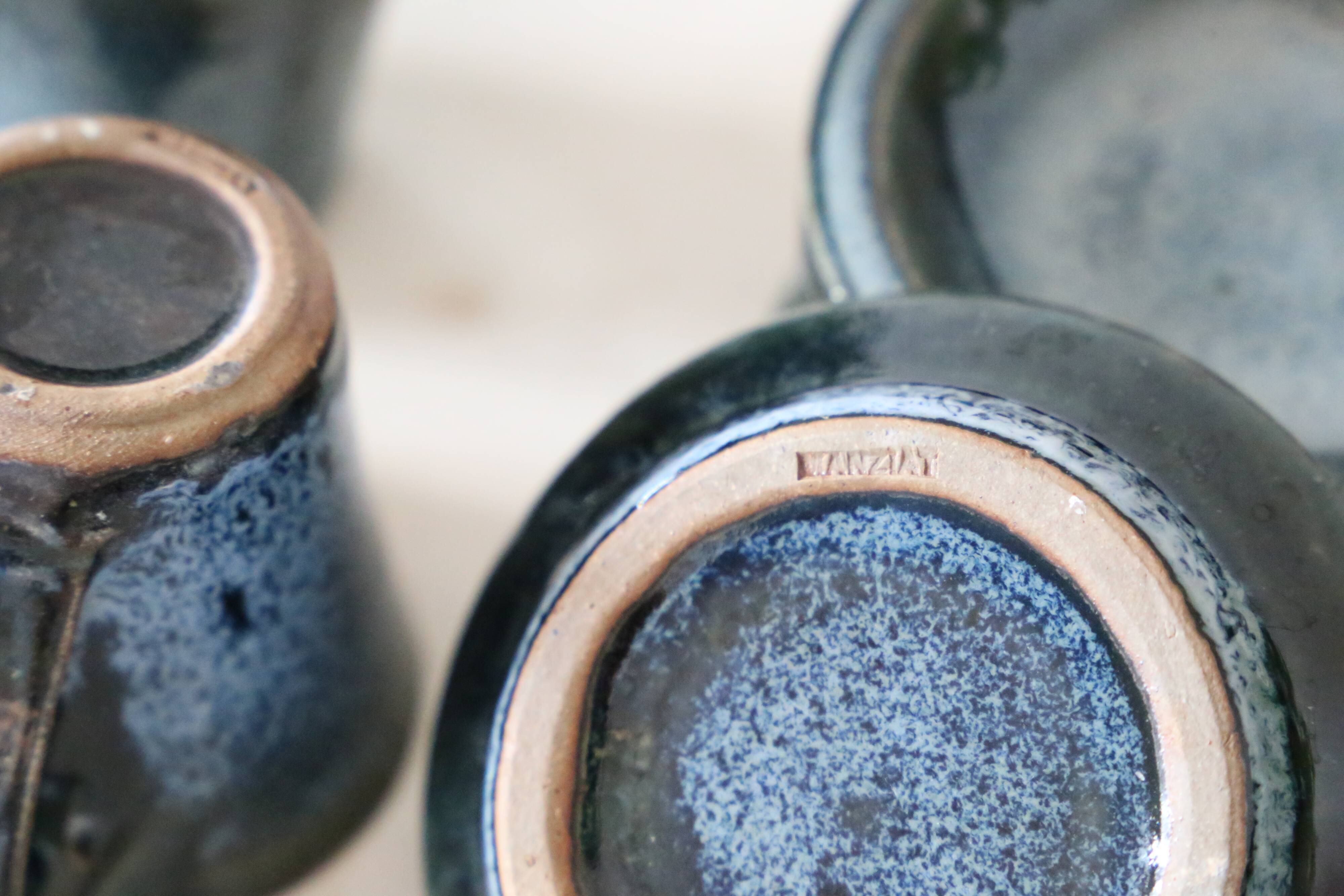 Serving of 6 cups and under cups in stoneware, Manziat, vintage