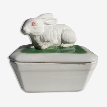 Pot terrine rabbit of Bavent in white earthenware on square of greenery