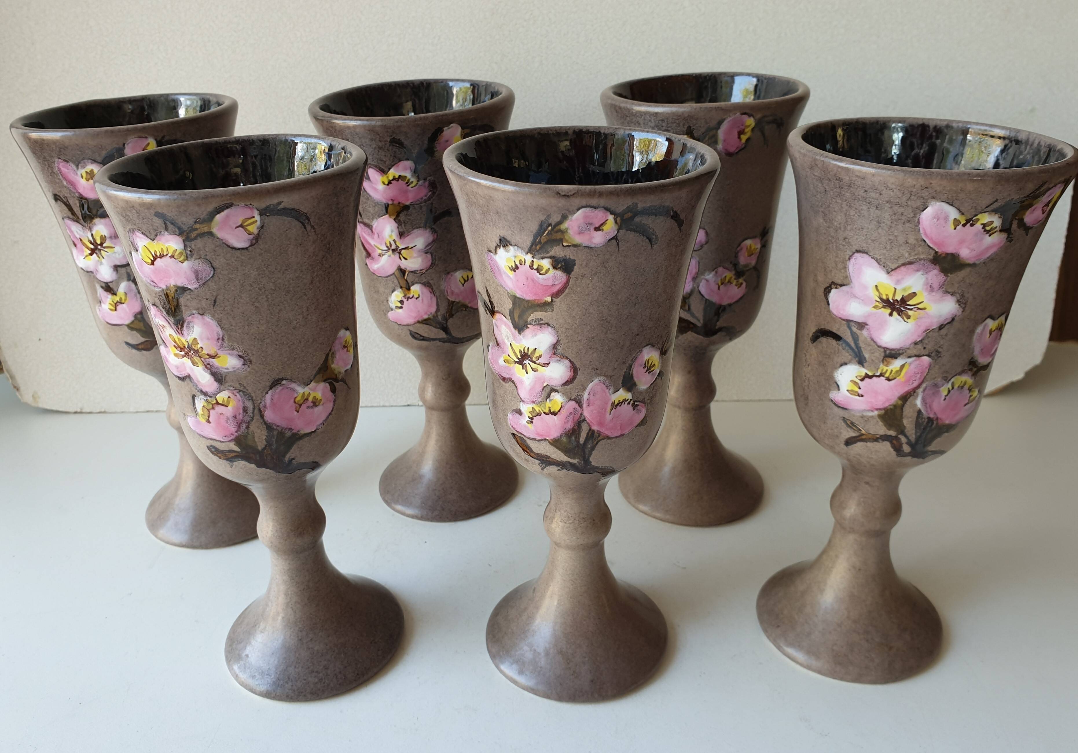 Set of 6 ceramic wine glasses Signed Vallauris Moby Jo's (By Marius Musarra