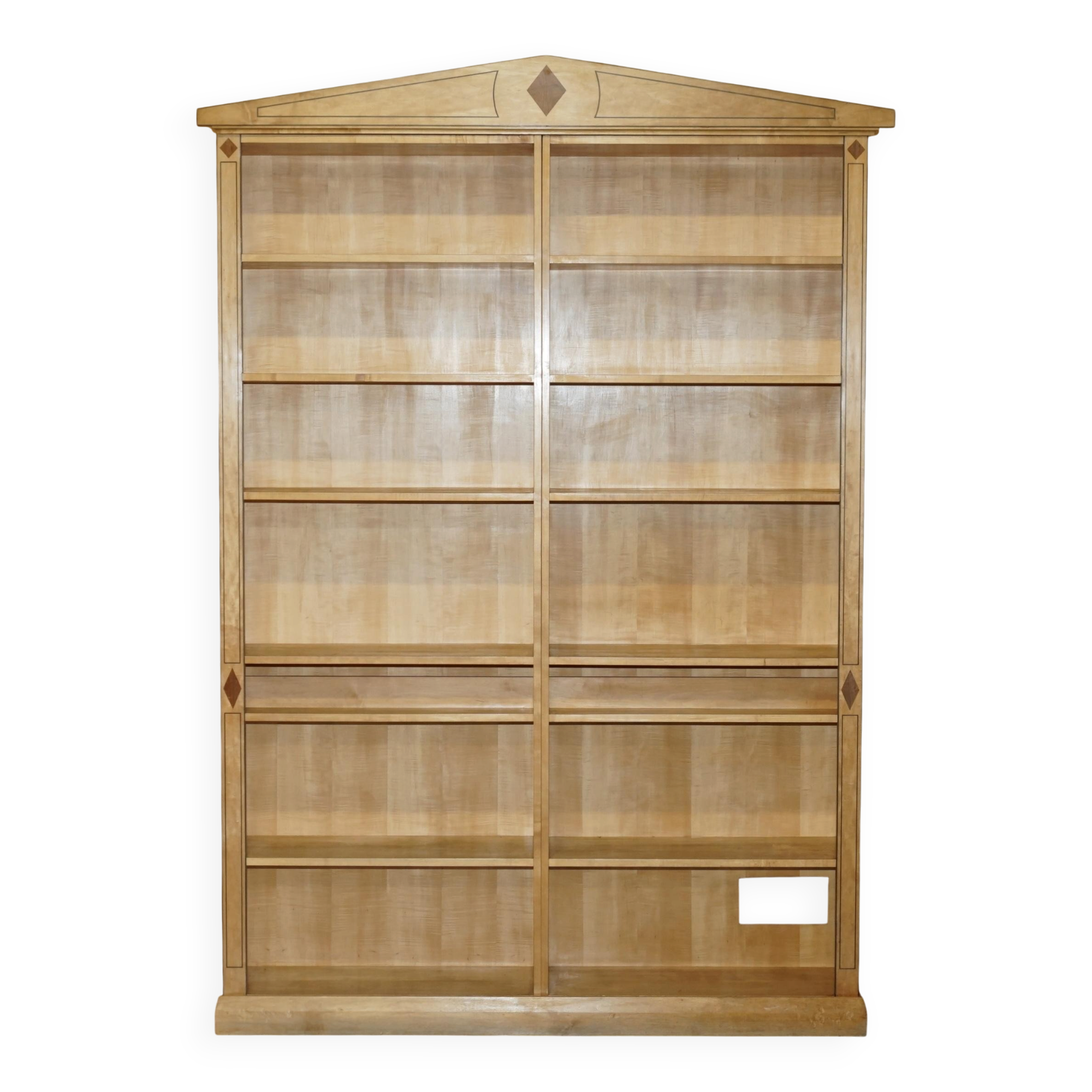 Pair of large open bookshelves in satin birch and walnut, height 2.5 m.