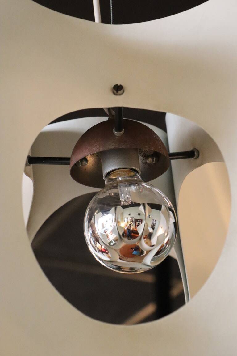 Space Age pendant lamp by Jean D'Imbleval in white lacquered aluminum, 1970