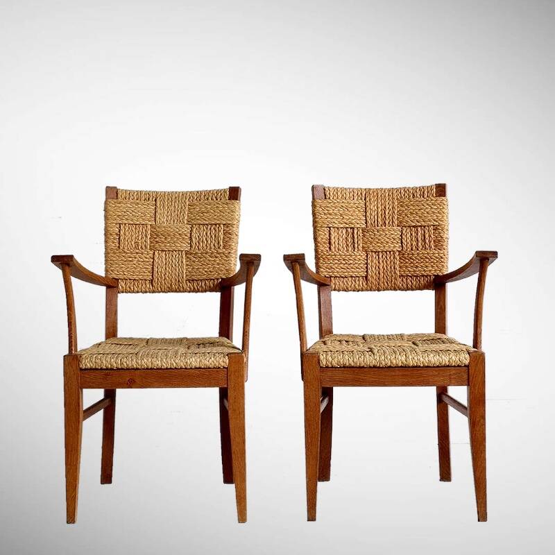 Pair of armchairs in braided raffia, Audoux Minet, 1950