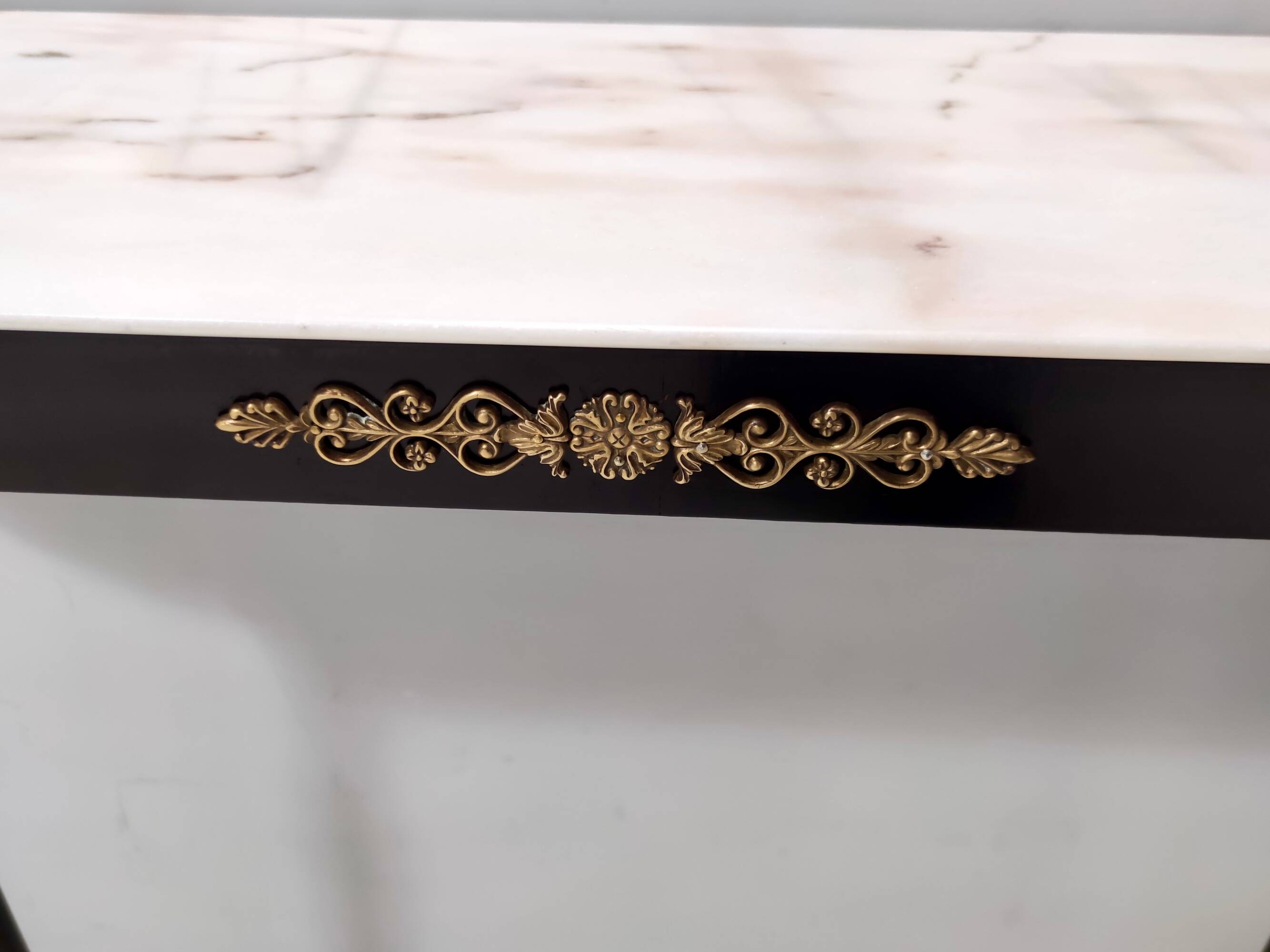 Vintage black lacquered beech console with a portuguese pink marble top, italy