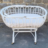 Bed crib bamboo rattan with wheels, white, with handle, vintage, 60s
