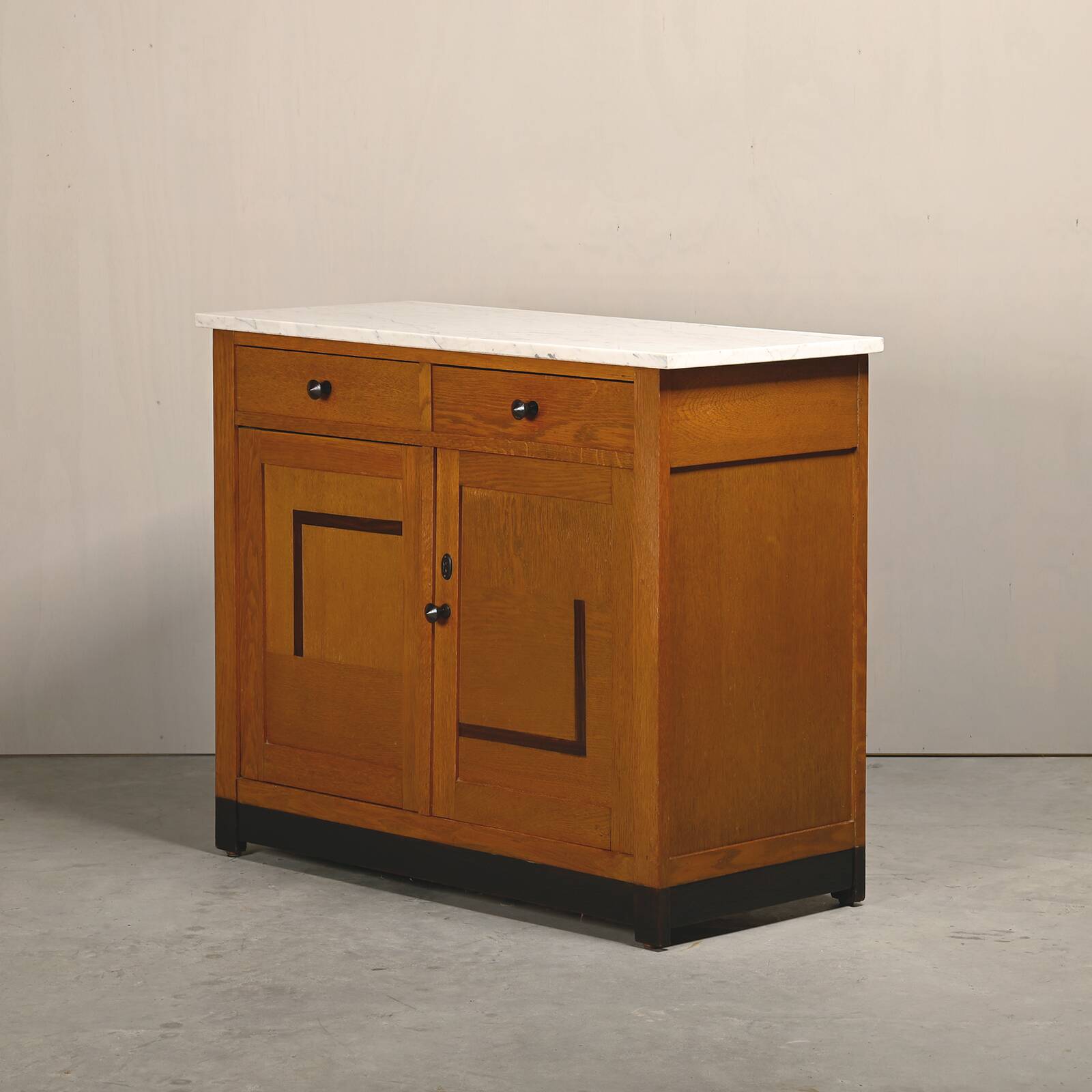 Art Deco Amsterdam School Cabinet Sideboard Oak and Marble, 1930s Netherlan