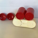 Red and white plastic salt and pepper shakers Emsa.