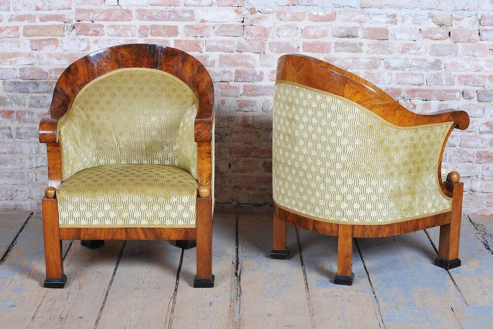 Empire Upholstered and Inlaid Walnut Living Room Set, Austria, 1810s, Set of 3