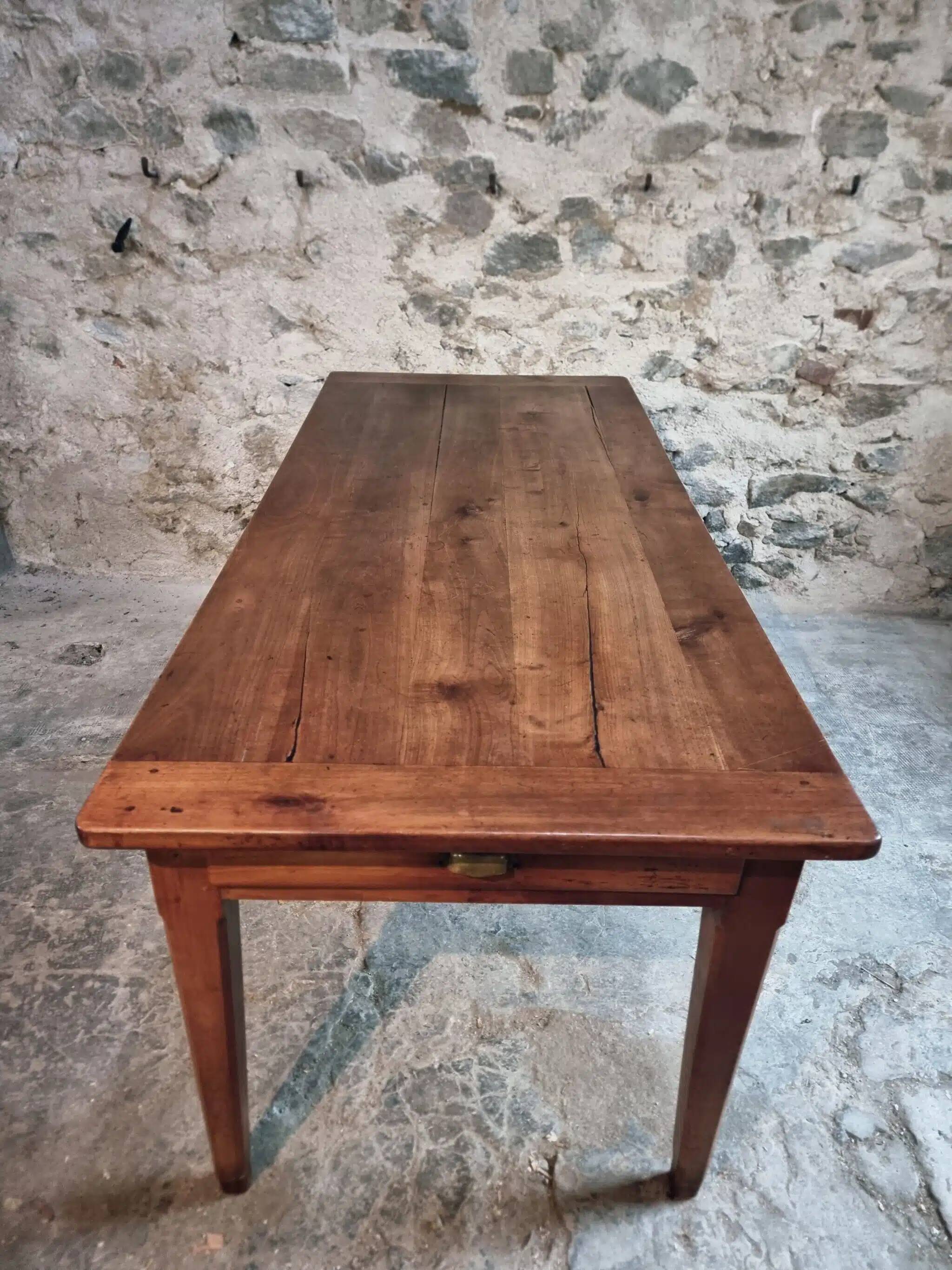 Antique French Farmhouse Table | 19th Century Cherry Wood Table with Drawer and Extension | 1880–1900 Rustic Kitchen