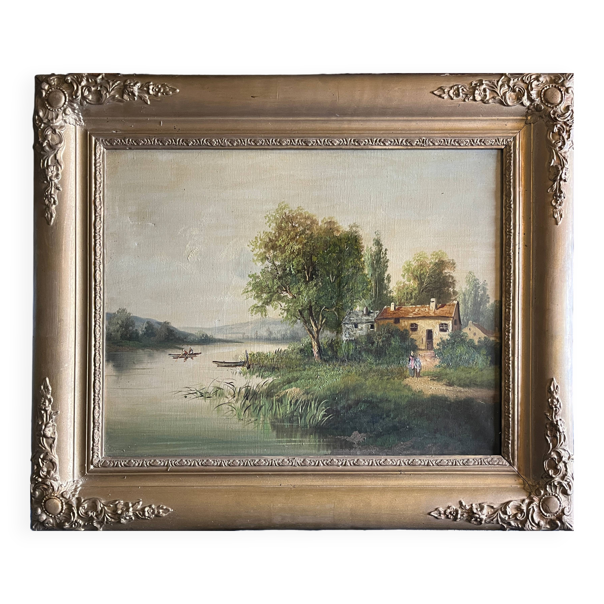 Painting, oil on framed canvas "Animated lake landscape" signed Michel, 19th century.