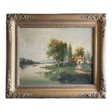 Painting, oil on framed canvas "Animated lake landscape" signed Michel, 19th century.