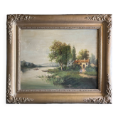 Painting, oil on framed canvas "Animated lake landscape" signed Michel, 19th century.