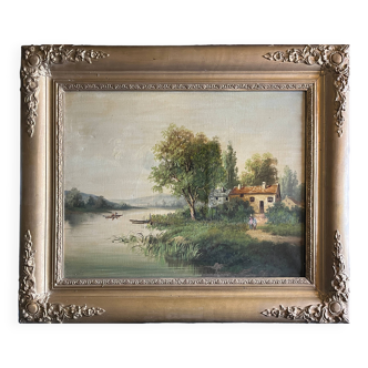 Tableau, huile sur toile encadrée "Paysage lacustre animé" signé Michel, XIXème s.