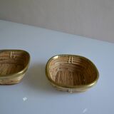 2 rattan/wicker and brass bowls/baskets