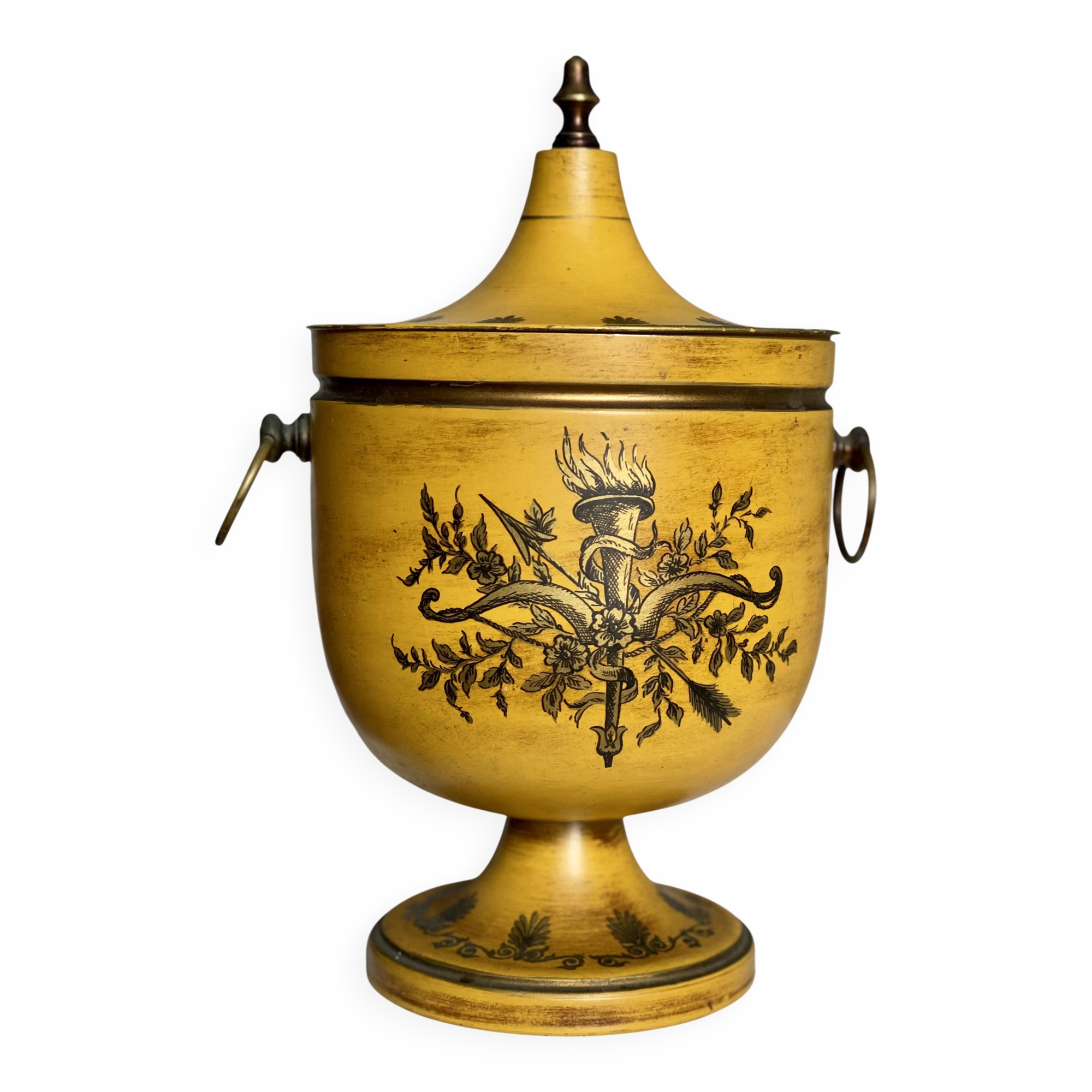 Vintage 1960s painted metal ice bucket from Italy in yellow and gold.