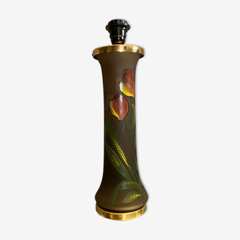 Stained glass lamp base with enamelled plant decoration