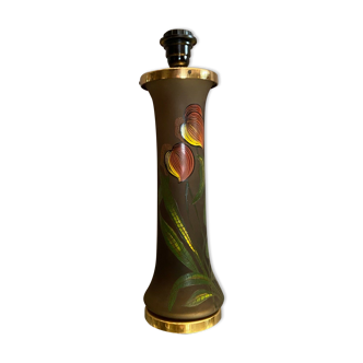 Stained glass lamp base with enamelled plant decoration