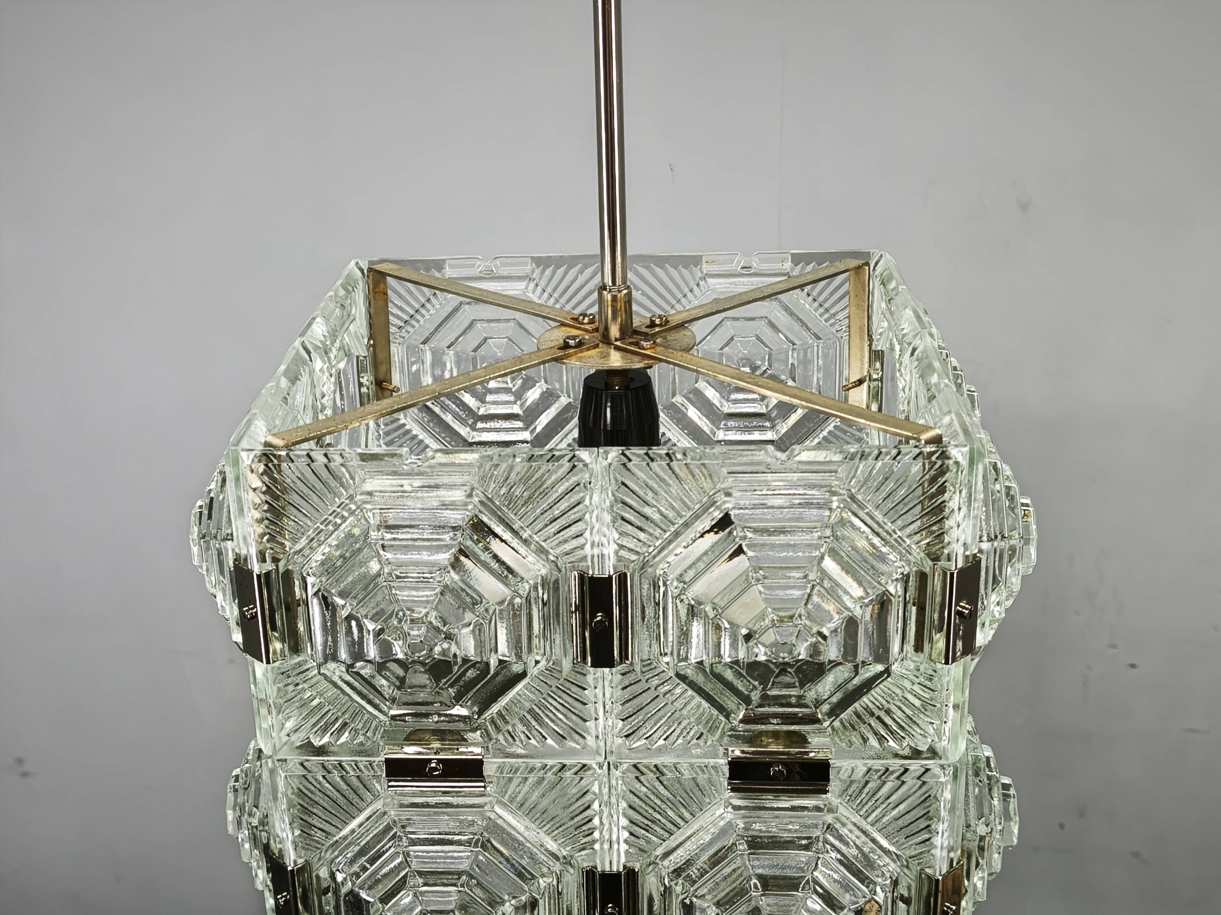 1970s Brutalist Glass Cube Pendant, Kamenický Šenov