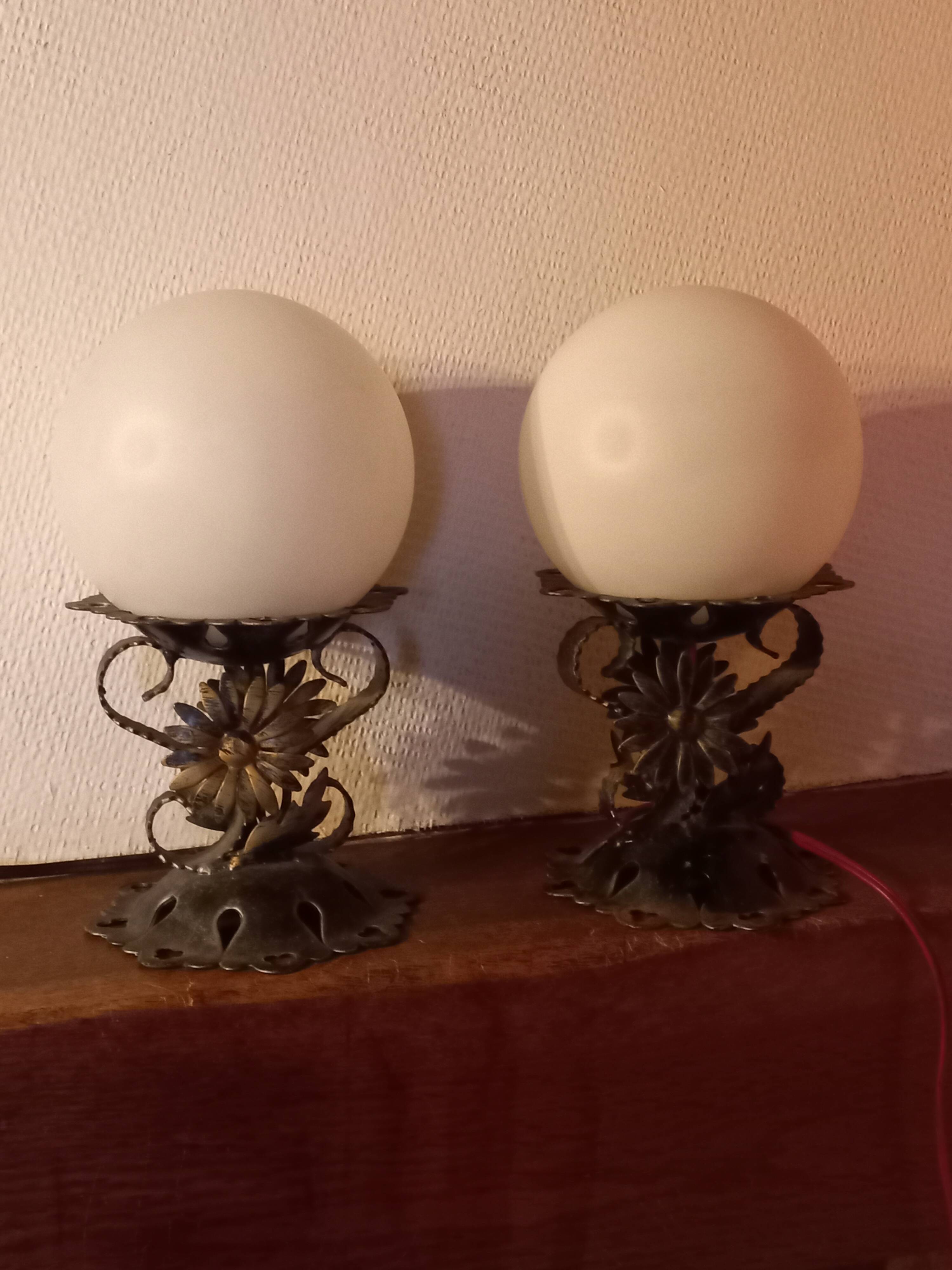 Pair of vintage wrought iron and opaline lamps from the 1960s.