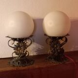 Pair of vintage wrought iron and opaline lamps from the 1960s.