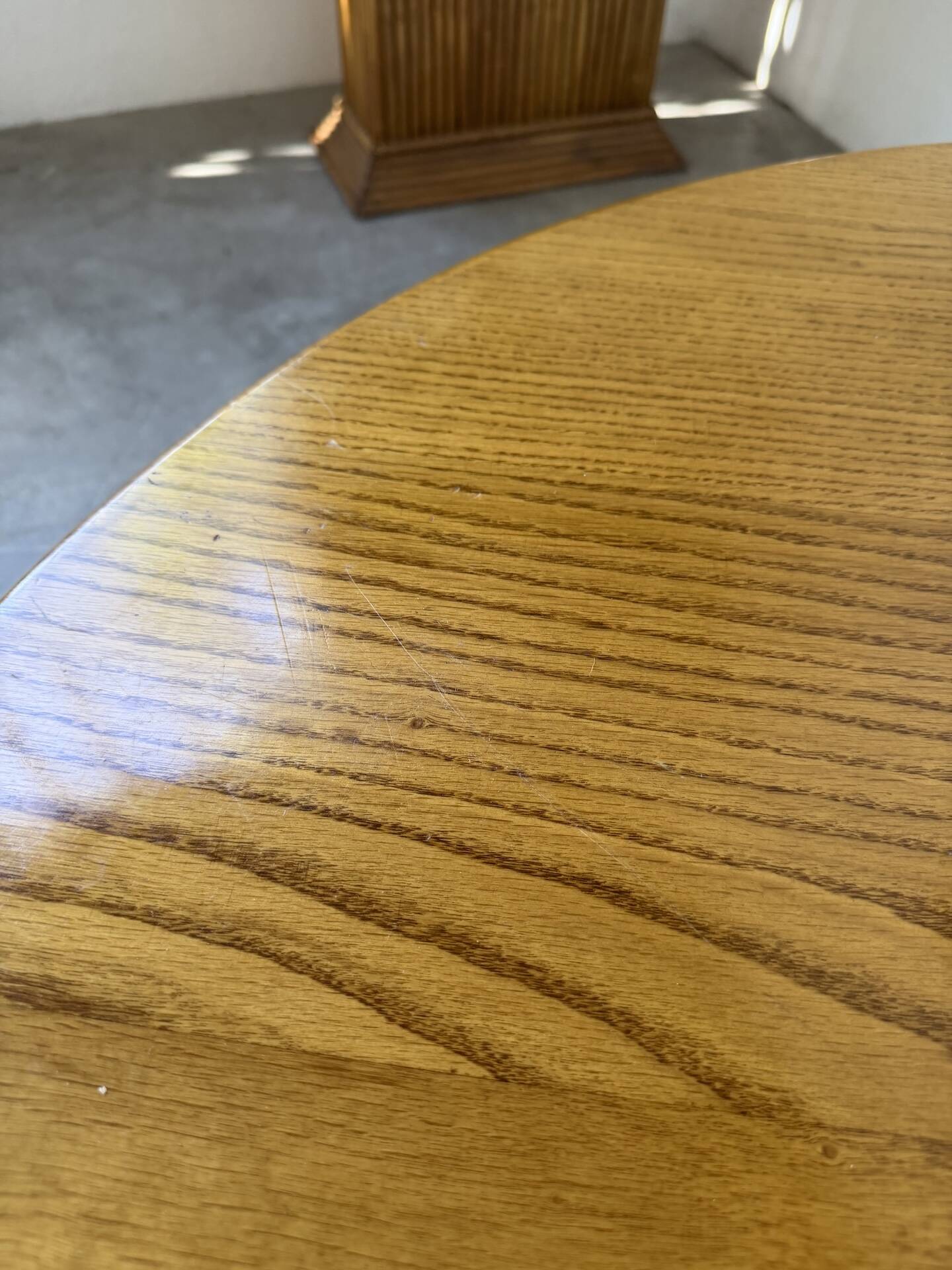 1950s round tripod oak coffee table