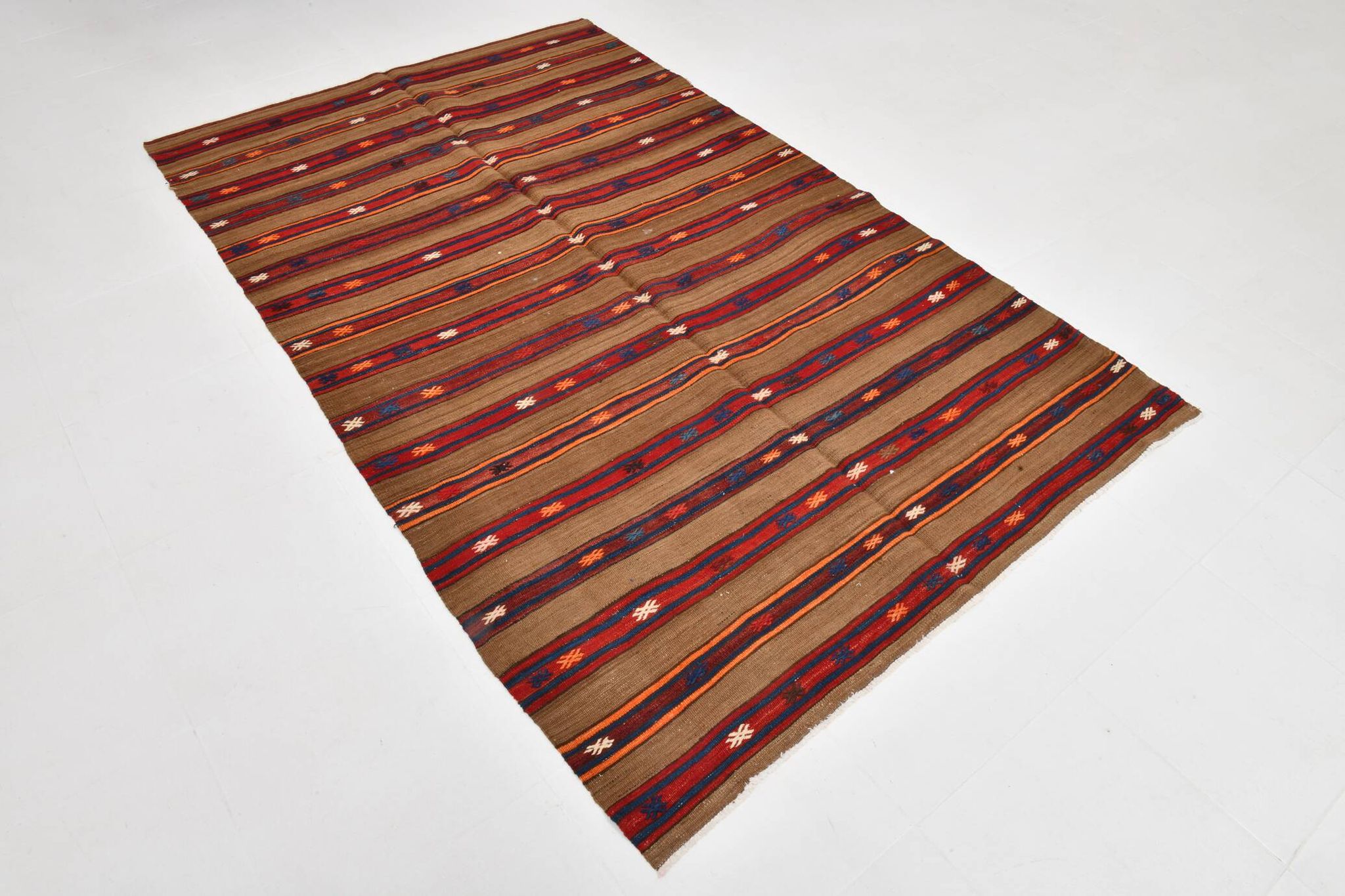 Turkish Striped Red Brown Vintage Kilim Rug, 154x246Cm