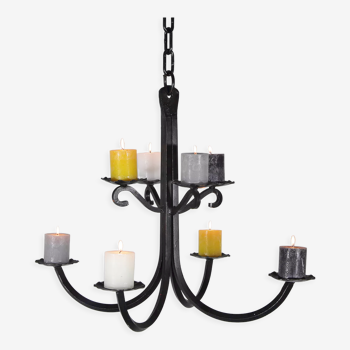 Vintage ceiling brutalist wrought iron chandelier candle holder