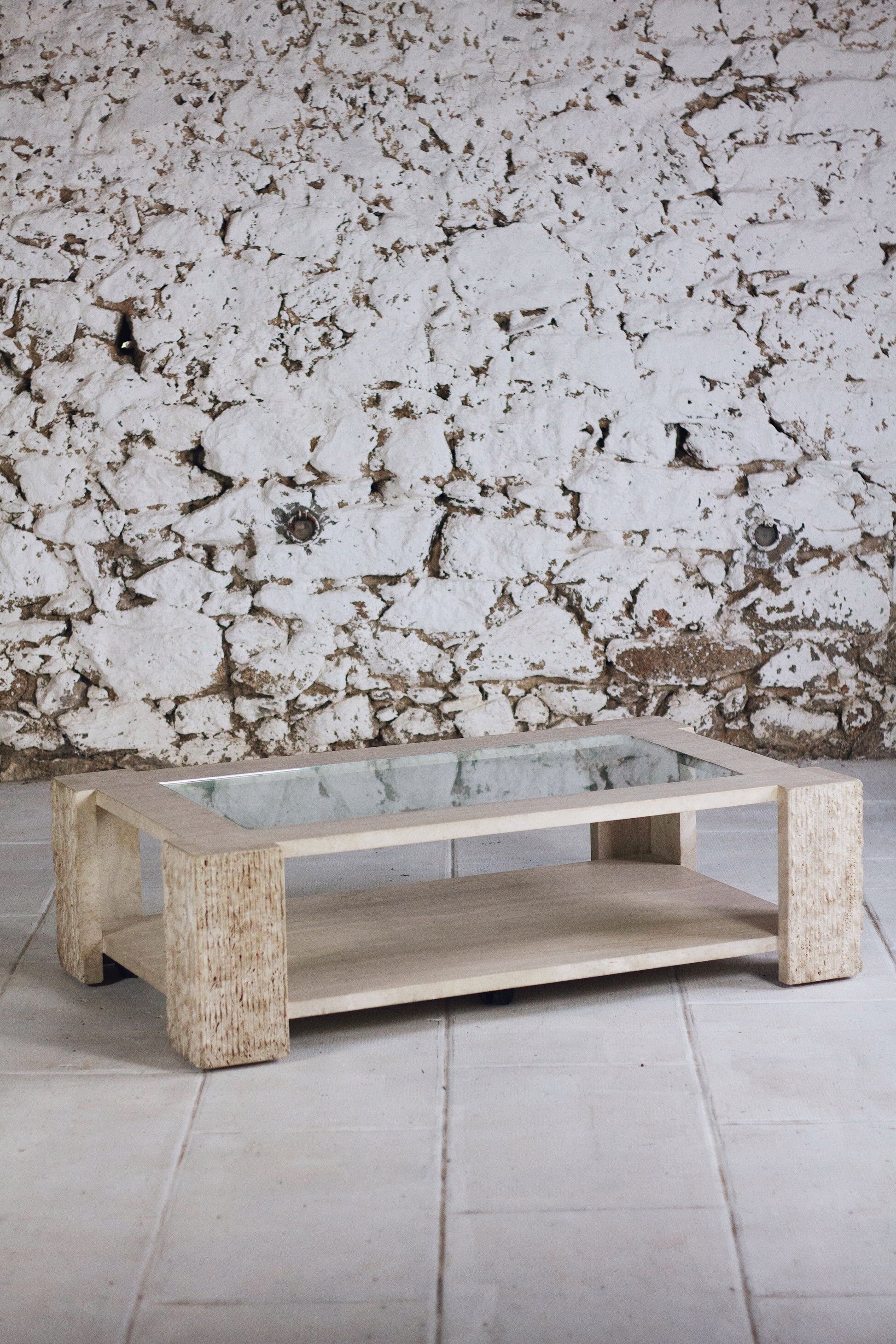 Coffee table in travertine and glass by Claude Berraldacci