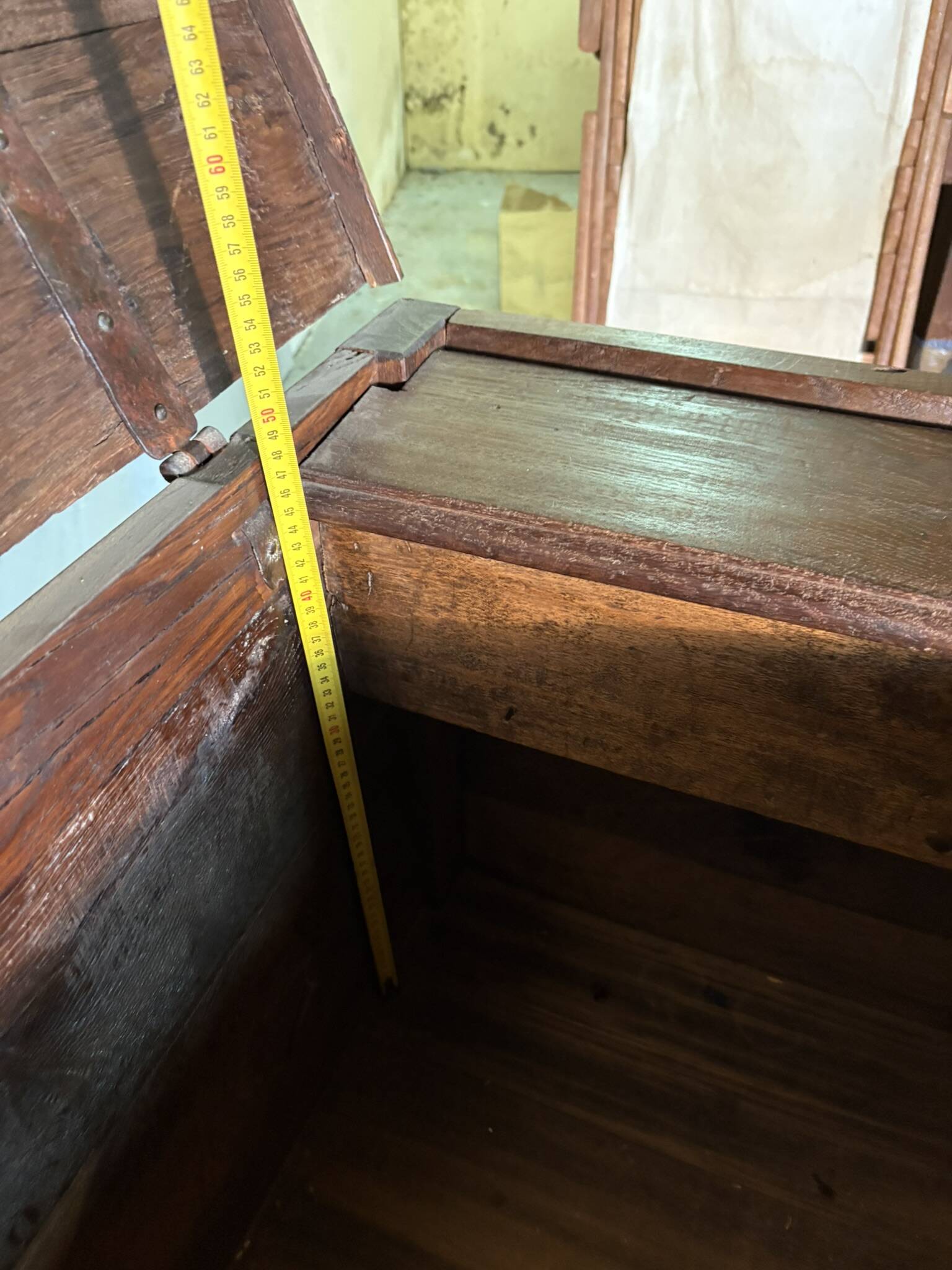 Antique rustic oak chest with original hardware and molded panels