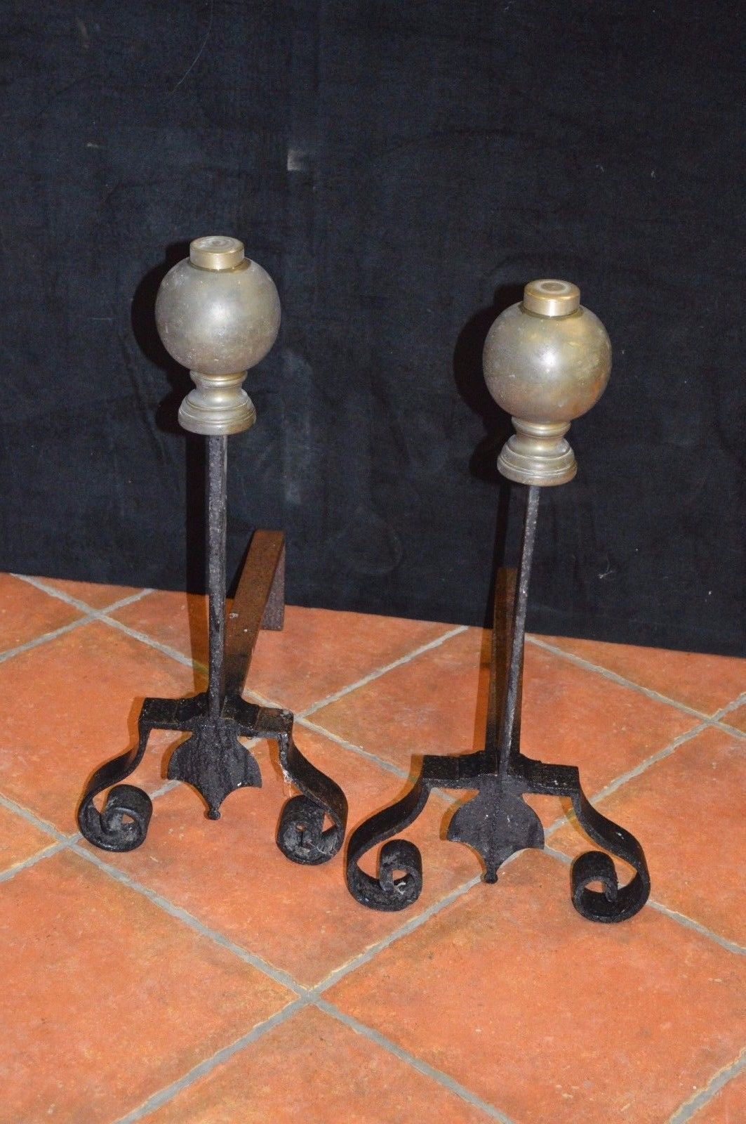 Pair of iron and brass andirons