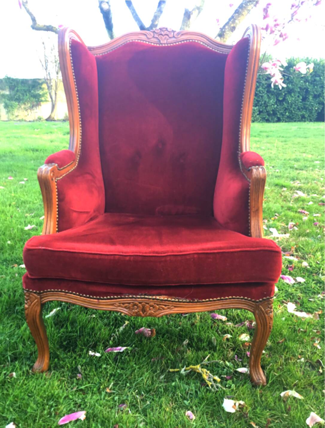 Louis XV style carved wooden shepherdess chair. Red velvet