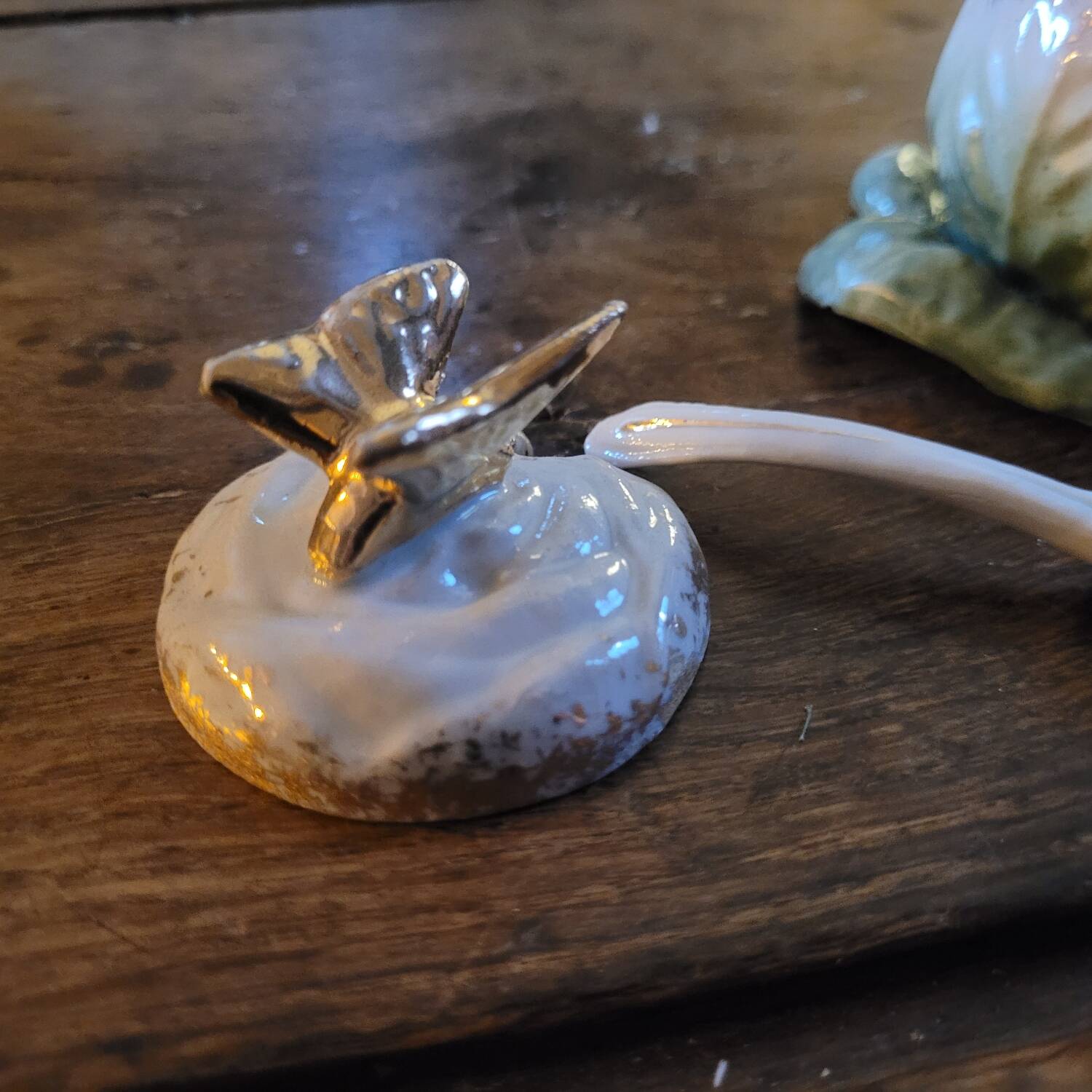 Antique mustard pot porcelain - Cabbage and butterfly - Barbotine 19th century