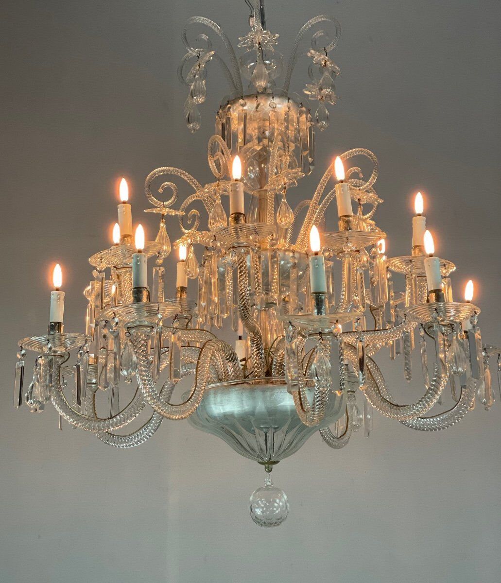 Transparent blown and pinched glass chandelier trimmed with crystals, austria circa 1920