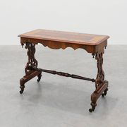 Victorian Walnut Side Table with Inlaid Top and Pierced Scroll Ends, Englan