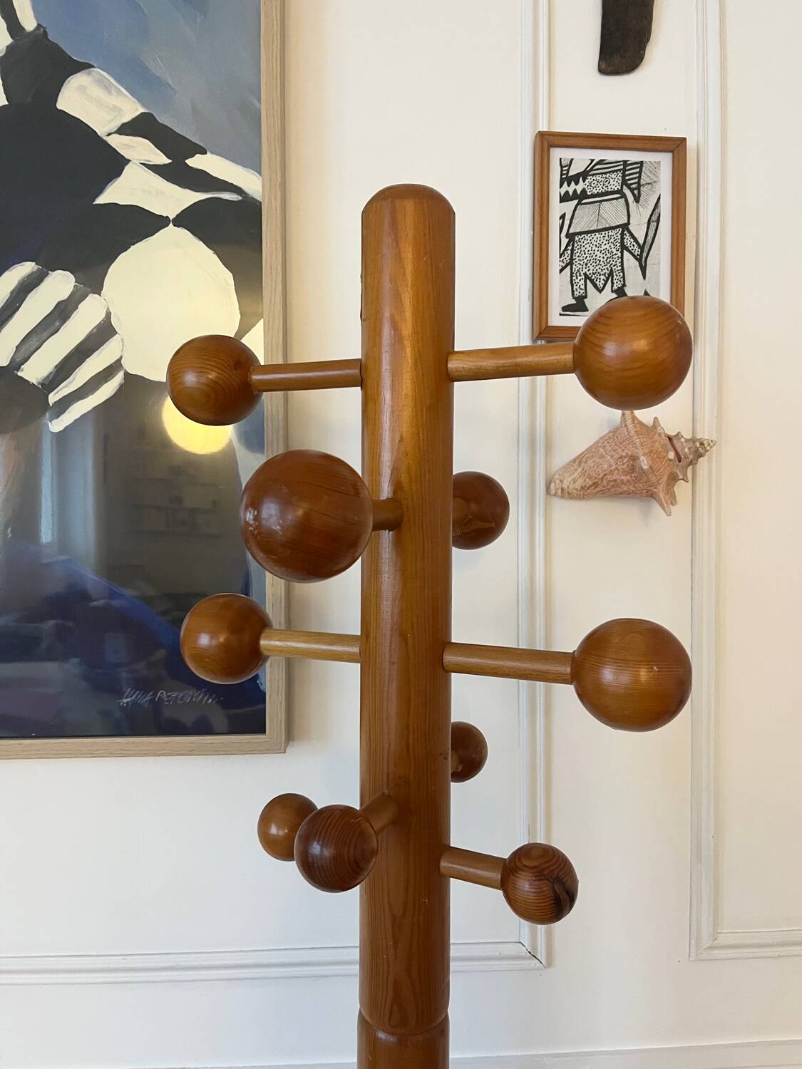 Pine coat rack with 10 hooks, 1970s.
