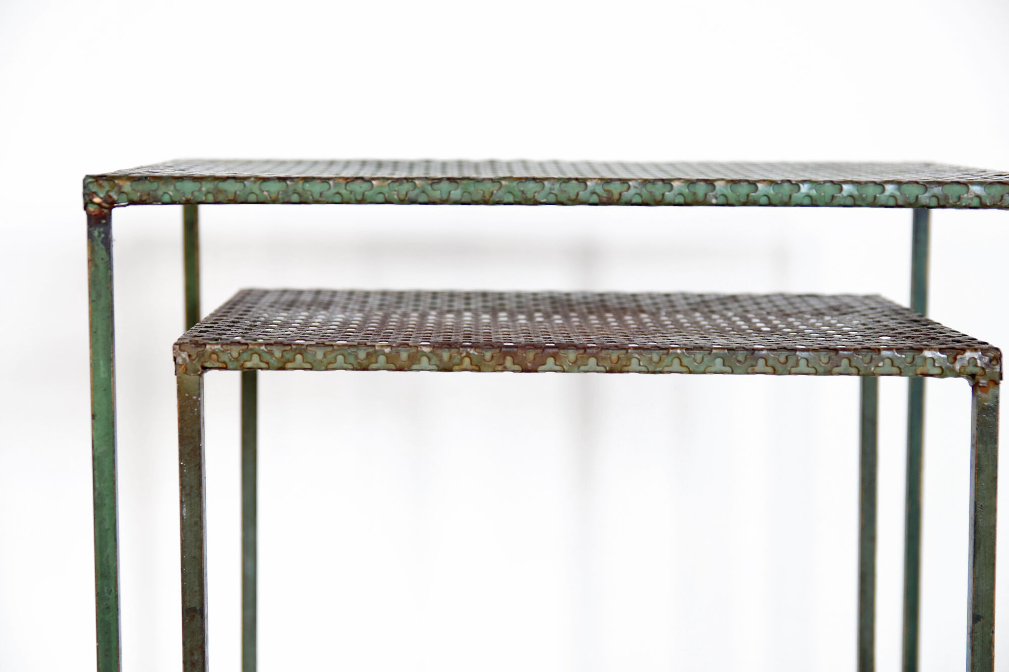 Set of two green Mathieu Matégot side tables, 1950s