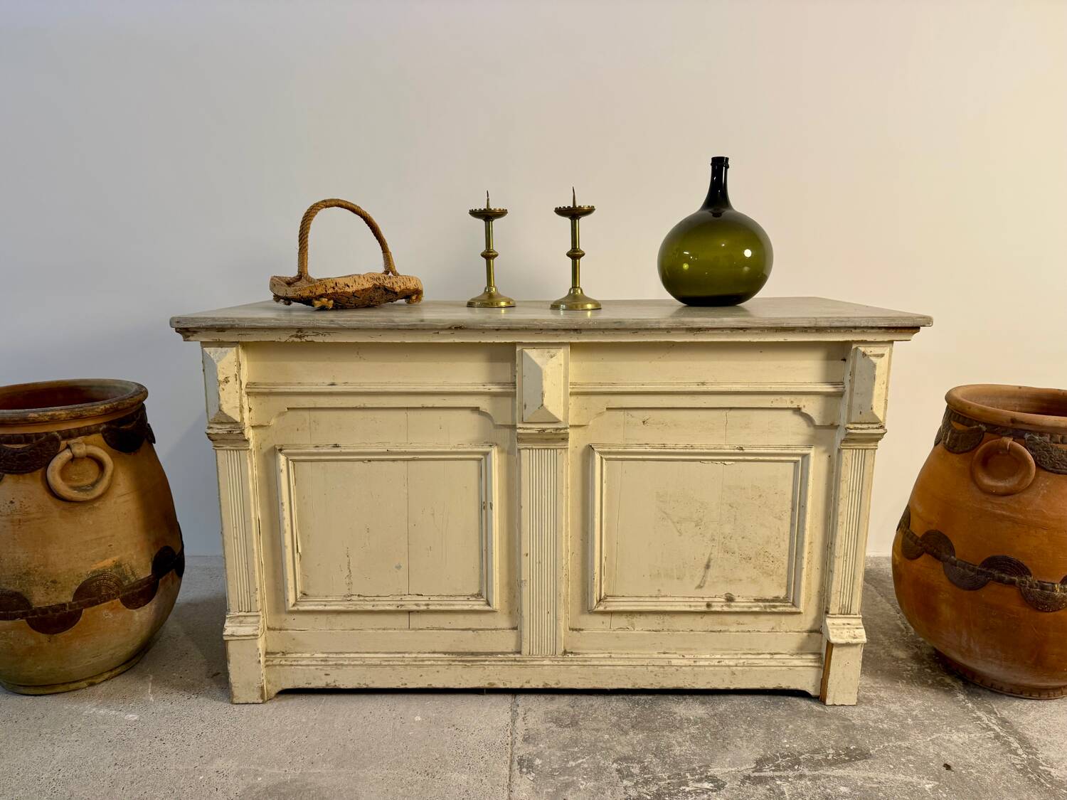 Double-sided shop counter furniture with 6 drawers, length 156 cm.