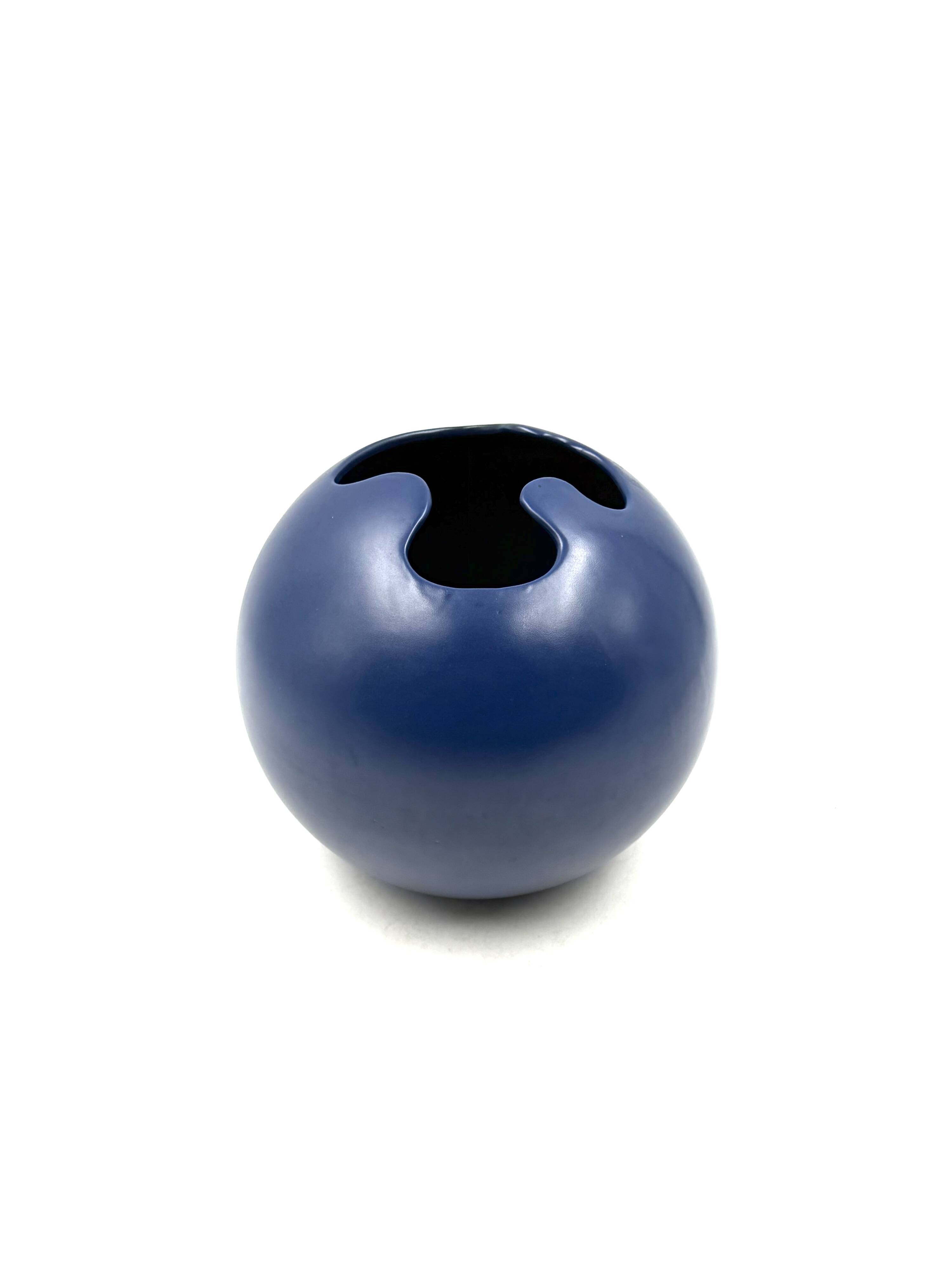 Modern blue spherical ceramic vase, Italy 1970