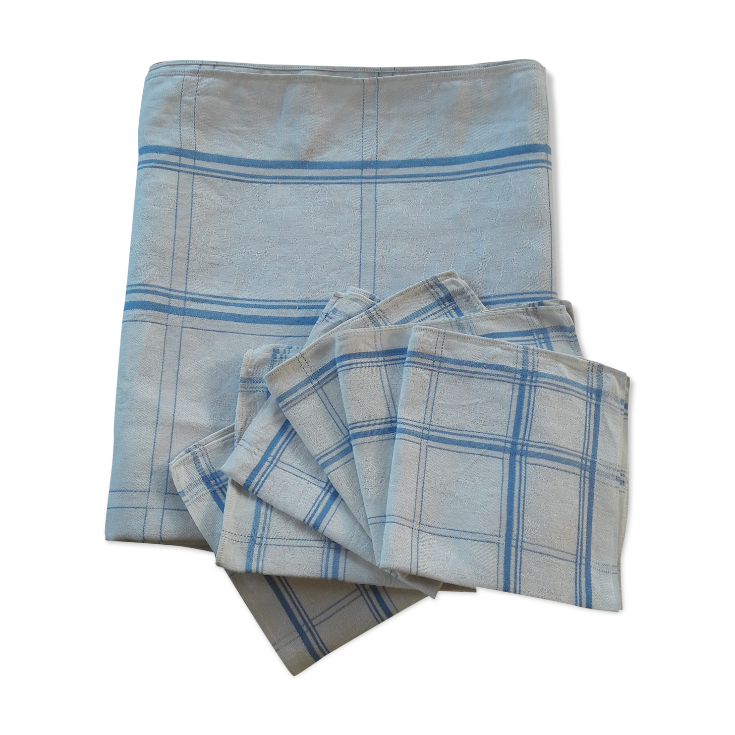 Old linen tablecloth damask white blue tiles and 6 towels