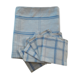Nappe ancienne lin damassé blanc bleu carreaux et 6 serviettes